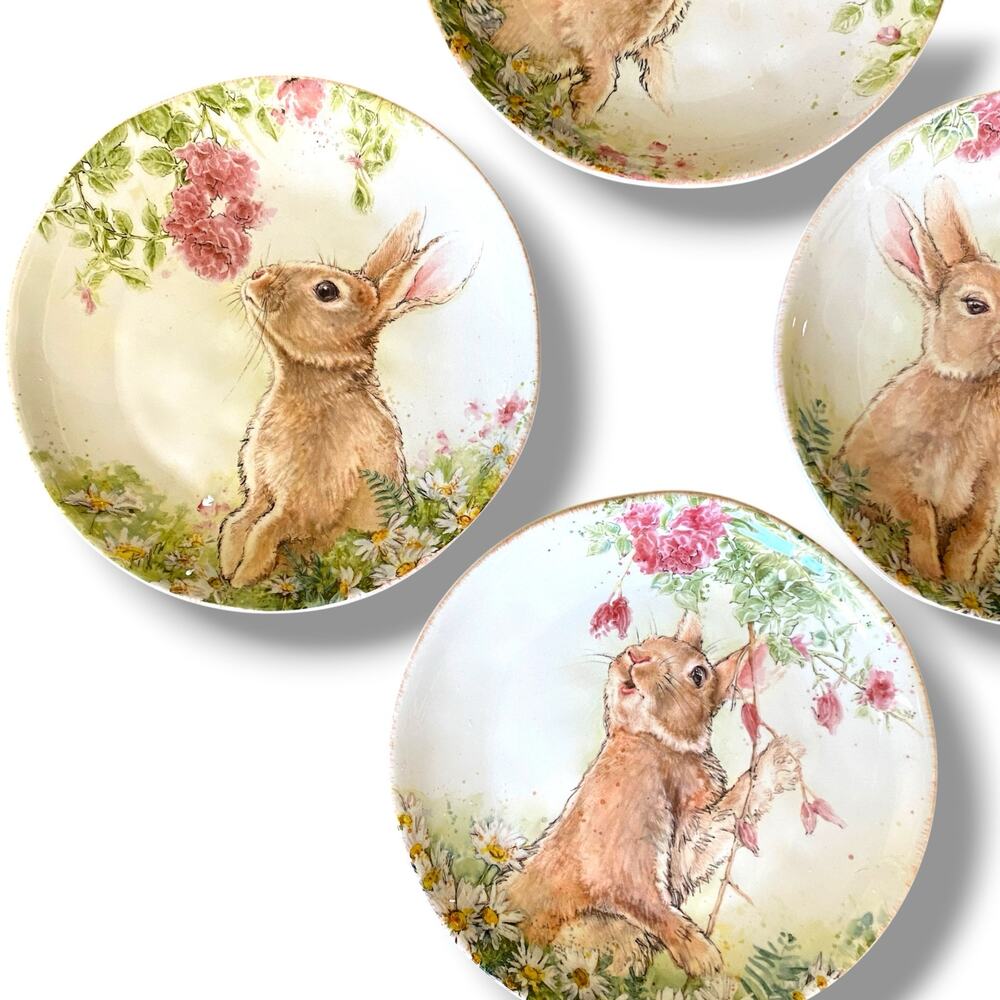 Southern Living Bunny 8.5” Salad Plate 4Pc Glazed Ceramic Bunnies Flowers Easter - Picture 3 of 10